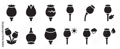 Various black silhouette poppy seed pods and flower buds are displayed in a clean, graphic icon set