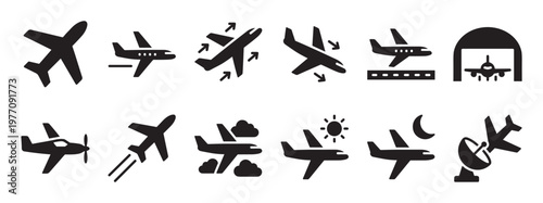 Collection of black airplane icons depicting various flight stages and airport activities on a white surface