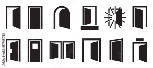 Collection of twelve black door icons in various open and closed positions, featuring different styles and perspectives