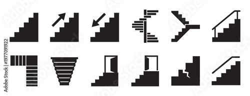 Collection of black silhouette staircase icons featuring various designs, including straight, spiral, and L-shaped stairs, with some showing arrows, doors, or railings