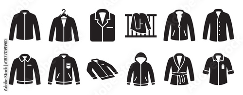 Collection of various black and white coat and jacket icons, showcasing different styles and designs with clean lines