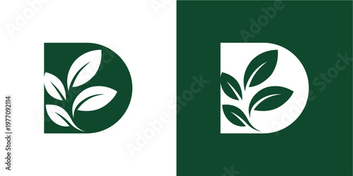 A modern logo featuring stylized green leaves forming part of the letter D. Presented on both white and solid green backgrounds, this design is perfect for eco-friendly brands, nature-related business
