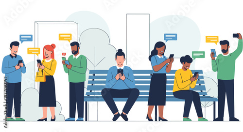 Diverse group of people sitting on a bench using smartphones in colorful flat illustration for social media