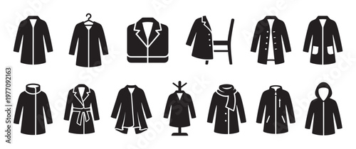 Collection of various black coat and jacket icons, showcasing different styles and designs for outerwear garments