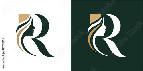 Striking minimalist logo featuring a stylish script R monogram in gold and black tones. Ideal for branding, corporate identity, luxury marketing, and modern design projects requiring a sleek, professi