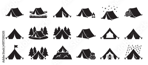 Collection of black silhouette camping tent icons in various outdoor settings, depicting adventure and nature