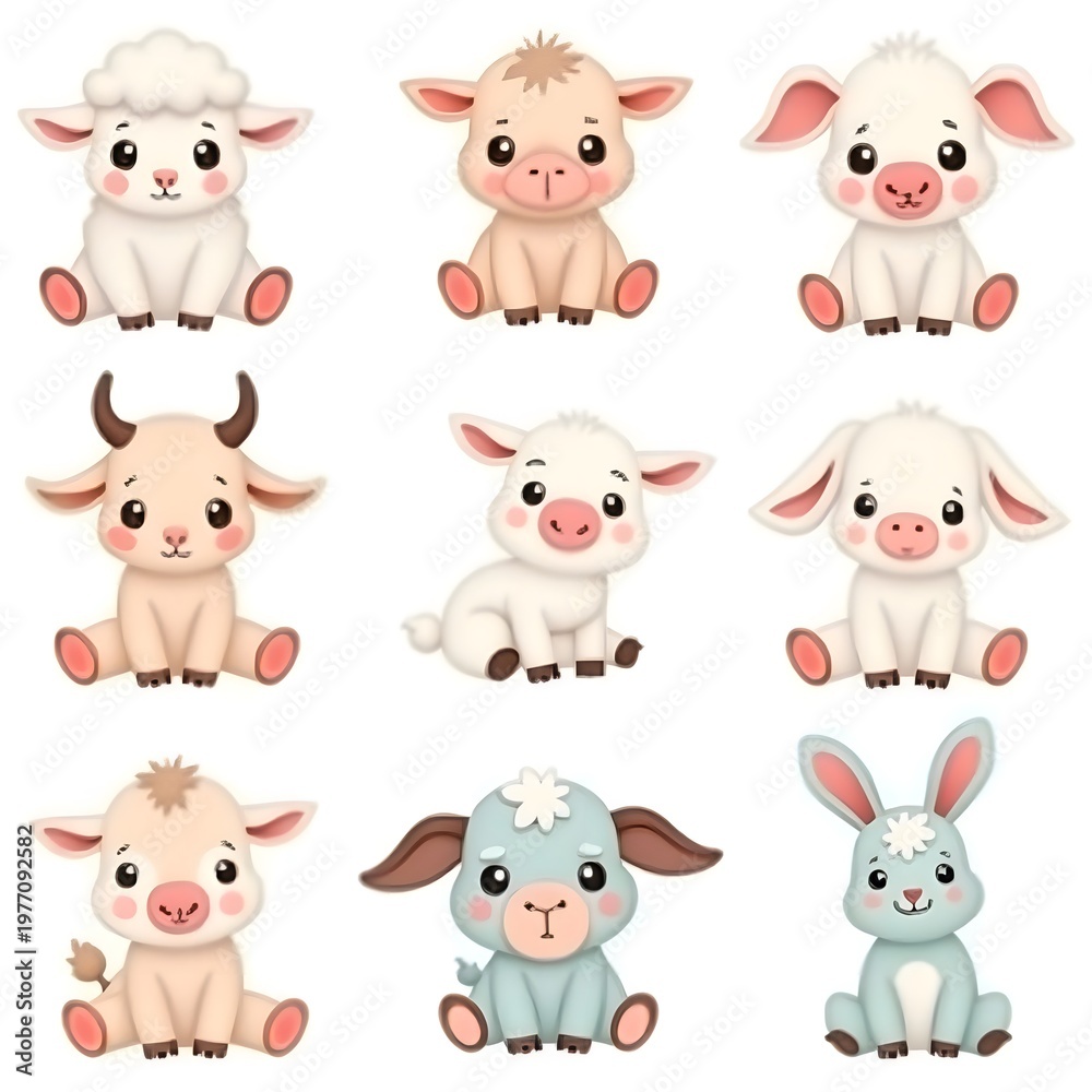 Fototapeta premium A group of adorable cartoon farm animals and a bunny sitting together