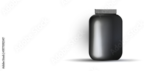 A realistic 3D mockup of a shiny black jar for supplements, protein or vitamins. Minimalist composition on a white background with soft shadow and copy space. Clean design for advertising