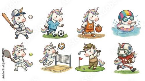 Set of Funny cartoon vector set illustration of a Unicorn Horse character playing with sport featuring an animal icon collection watercolor pastel style Sticker Design	