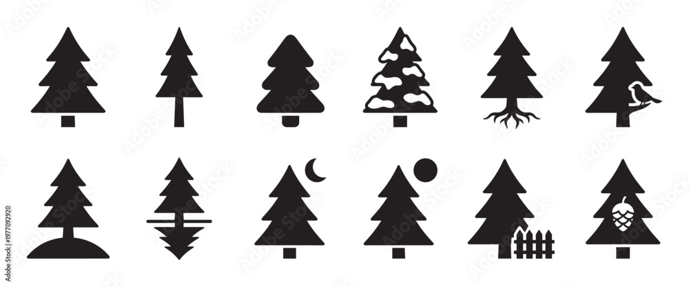 Obraz premium Collection of various simple black evergreen tree icons, each with unique details like snow, roots, or a bird