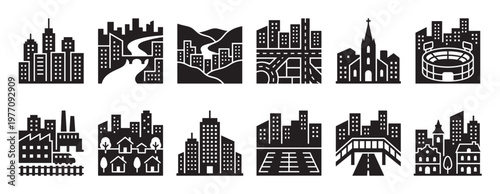 Collection of twelve diverse black silhouette city icons featuring buildings, infrastructure, and natural elements in a modern, graphic style