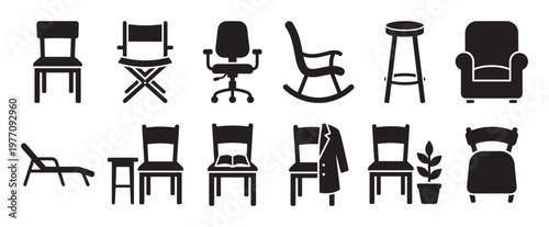 Various black silhouette chairs and seating furniture icons are arranged in two rows, showcasing different styles and uses
