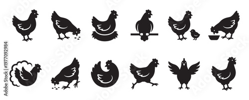Collection of various black chicken silhouettes in different poses, including standing, pecking, nesting, and running, depicted in a simple graphic style