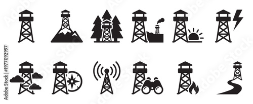 Collection of black silhouette fire watch tower icons, depicting various scenarios and elements in a clean, graphic style
