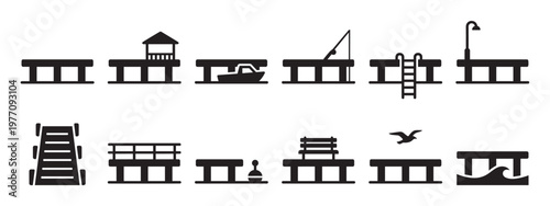 Collection of simple black pier and dock icons with various elements like boats, fishing rods, and a bird