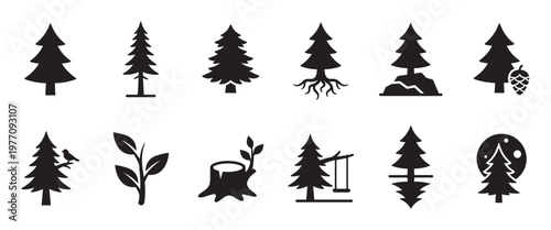 Various black silhouette pine tree icons in a simple, clean, and modern graphic style, depicting different natural elements