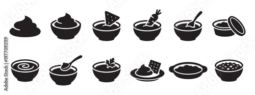 Collection of various black silhouette food dips and sauces in bowls, including a swirl, a chip, a carrot, and a spoon