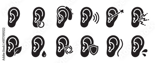 Various black ear icons representing hearing, health, and medical conditions in a clean, modern graphic style