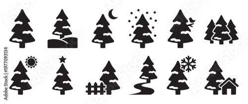 Collection of black silhouette pine trees with snow, featuring various winter elements and festive decorations