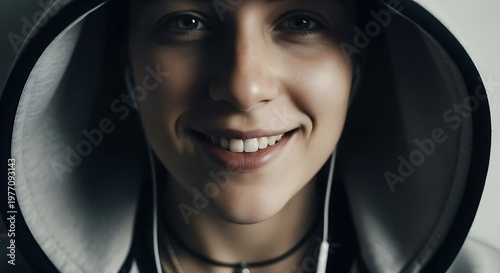 Close up of a young woman smiling wearing a hoodie and earphones.