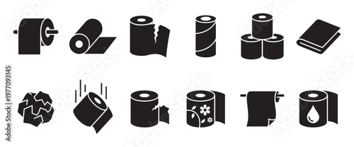Various black silhouette toilet paper and paper towel roll icons are neatly arranged in a clean, graphic style