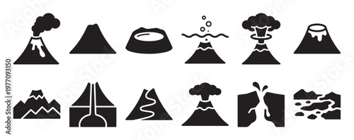 Collection of various black volcano icons in different stages of eruption and formation, presented as a simple graphic illustration