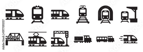 Various black silhouette train and railway icons are neatly arranged in a grid on a clean white surface, showcasing different modes of transport