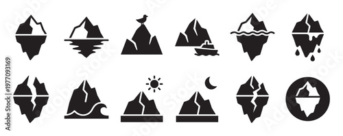 Collection of various black iceberg and mountain icons, depicting different states and elements like water, sun, moon, and a bird