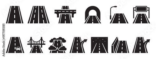 Collection of black and white road icons featuring various perspectives and elements like bridges, tunnels, and streetlights