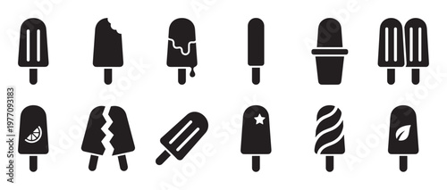 Collection of various black silhouette ice cream and popsicle icons, including bitten, melting, and broken designs
