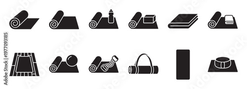 Comprehensive collection of black yoga mat icons and related fitness accessories, presented as clean vector graphics