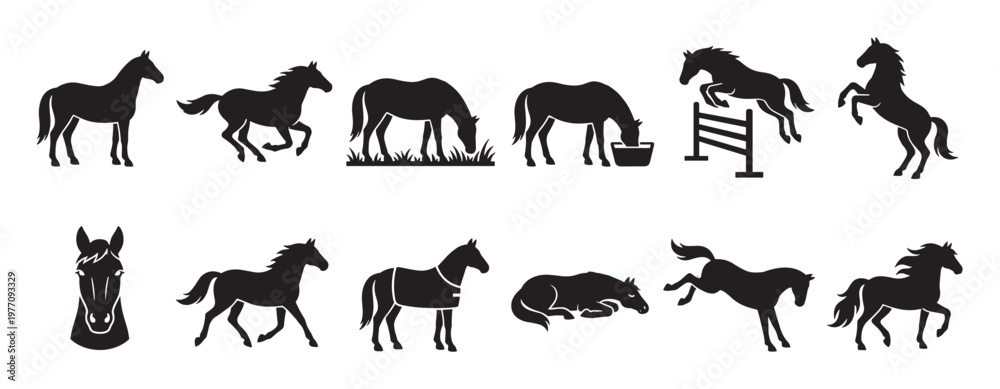 Fototapeta premium Collection of various horse silhouettes in different poses and activities, including standing, running, grazing, jumping, and rearing, depicted in a clean, graphic style