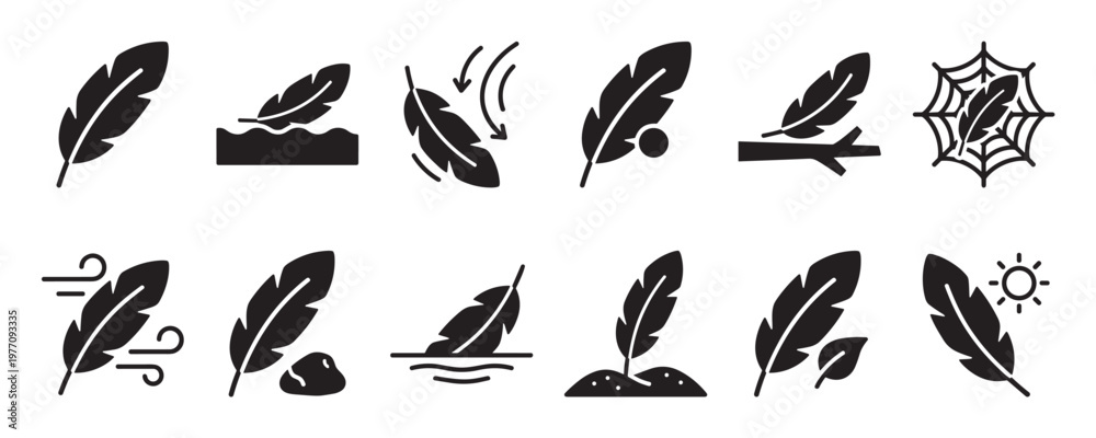 Fototapeta premium Collection of black feather icons depicting various states and interactions, including floating, falling, and resting