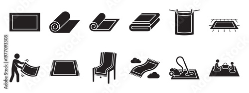 Collection of black and white icons illustrating various rug and carpet related activities and objects in a clean, graphic style