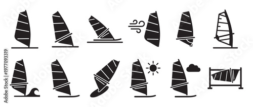 Various black windsurfing sail icons are displayed in a grid, showing different angles, weather, and storage conditions in a clean, graphic style
