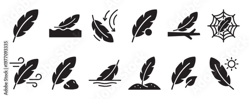 Collection of black feather icons depicting various states and interactions, including floating, falling, and resting