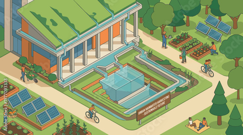 Eco-Friendly Urban Oasis: A vibrant illustration showcasing a sustainable building, complete with a green roof, integrated solar panels, and community gardens.