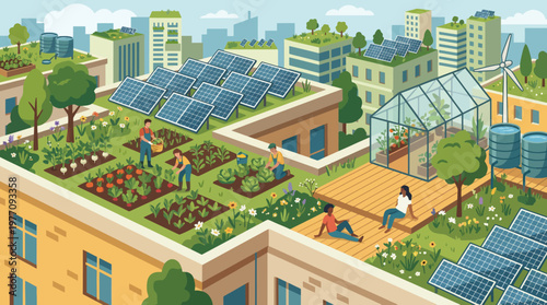 Sustainable Rooftop Oasis: A vibrant illustration showcasing an urban rooftop garden flourishing with life, incorporating solar panels and people working in harmony.
