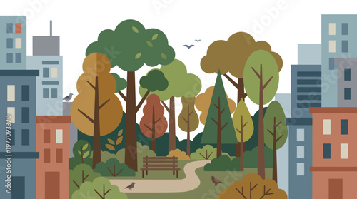 Urban Oasis: An illustration of a serene urban park surrounded by city buildings, creating a vibrant blend of nature and architecture.