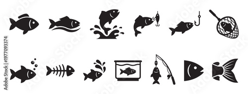 Collection of black fish icons depicting various aquatic activities and marine life elements in a simple graphic style