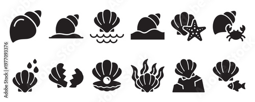 Various black silhouette seashell icons with marine life elements, including a pearl, starfish, and crab, presented in a clean graphic style