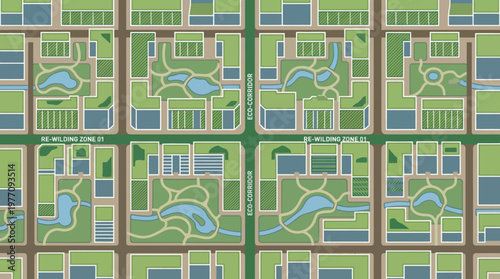 City Grid Landscape: An eye-level illustration of a detailed city grid, presenting an intricate network of buildings, parks, and roadways, showcasing urban planning and architectural design.