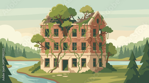 Abandoned Home Embraced by Nature: A stately, yet decaying house, consumed by nature's embrace, sits amidst a serene landscape, a testament to time and the reclaiming power of the environment.