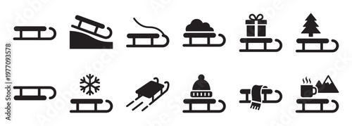 Collection of black silhouette sled icons depicting various winter activities and objects, presented in a clean, graphic style