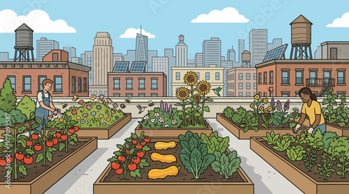 Urban Rooftop Garden: People tending to an urban rooftop garden, cultivating fresh produce and flowers against a backdrop of city skyscrapers and water towers. 