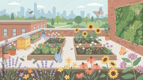 Urban Oasis: A vibrant urban garden blooms atop a rooftop, showcasing a sustainable ecosystem where bees and butterflies dance amidst sunflowers and verdant plants, with the cityscape as a backdrop.