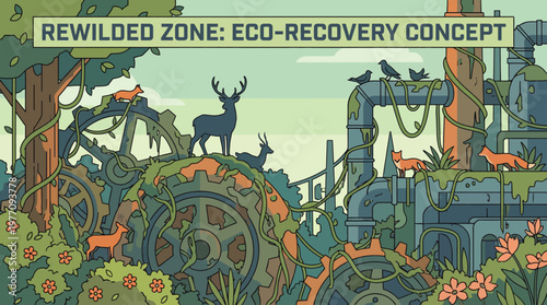Eco-Recovery: Conceptual illustration of an area merging industry and nature, symbolizing environmental restoration and wildlife coexistence, a visual narrative of renewal.
