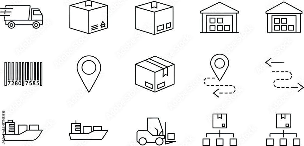 Fototapeta premium Collection of black and white line icons representing various objects