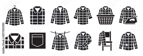 Plaid shirt black and white icon set with various states like folded, hanging, ironed, and damaged, presented in a clean graphic style