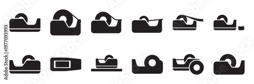 Collection of black silhouette tape dispenser icons in various styles, depicting office and craft supplies
